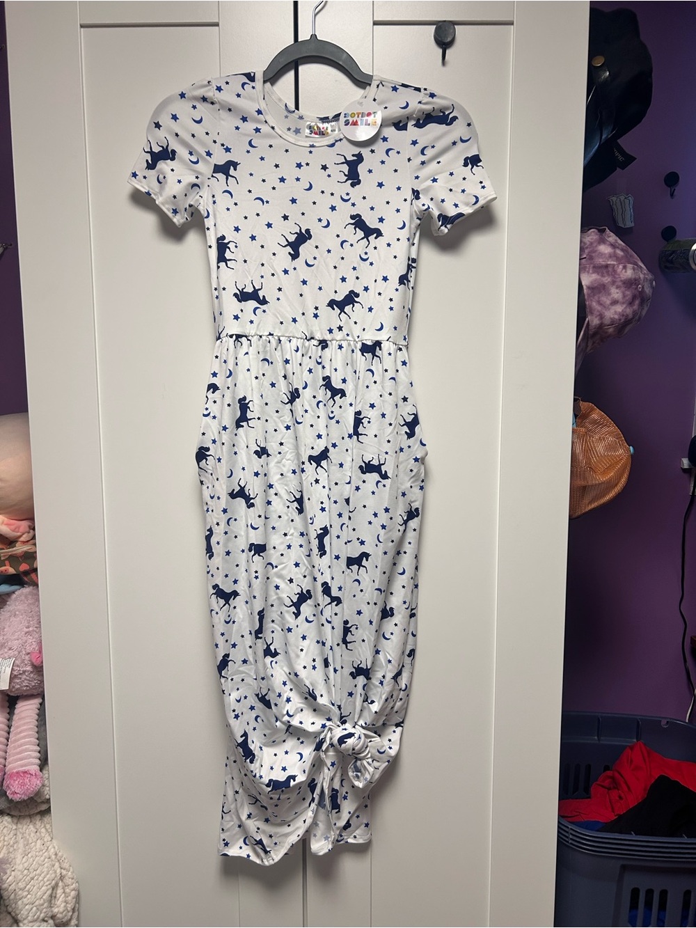 Dot Dot Smile White Dress with Navy Unicorns and Stars